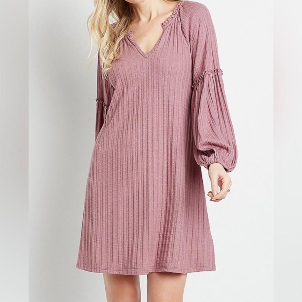 Maurices Y2K 90s Boho Balloon Sleeve V-Neck Ruffle Dusty Pink Shift‎ Dress M